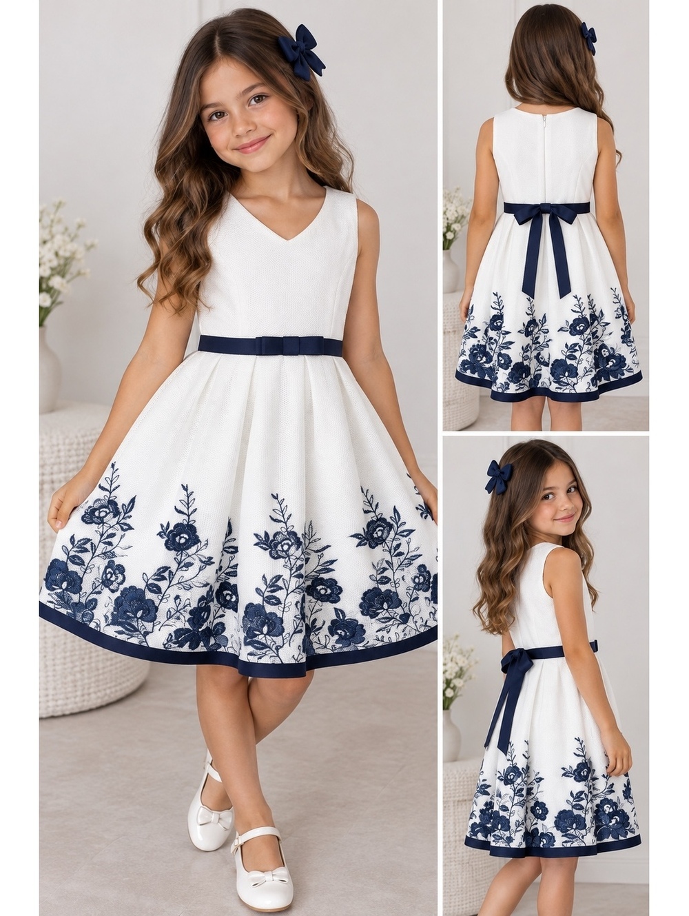 Bonnie Jean Girls White & Navy Floral Fit & Flare Dress Size 12